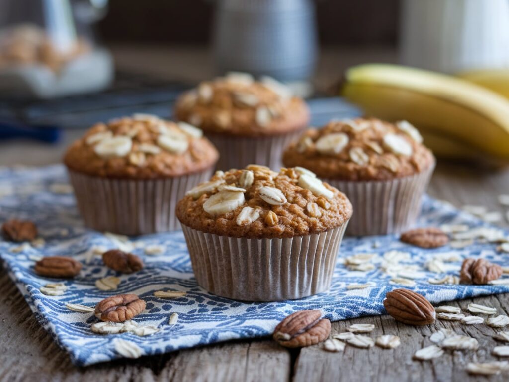 A tray of freshly baked superhero muffins steaming and golden brown, straight out of the oven in a cozy kitchen.