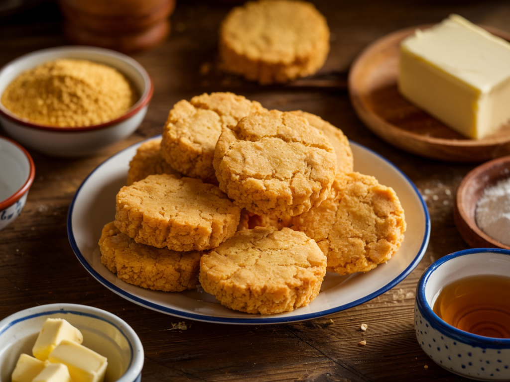 A close-up of a crumbly cornbread cookie broken in half, showcasing its interior texture with honey drizzle on the side.