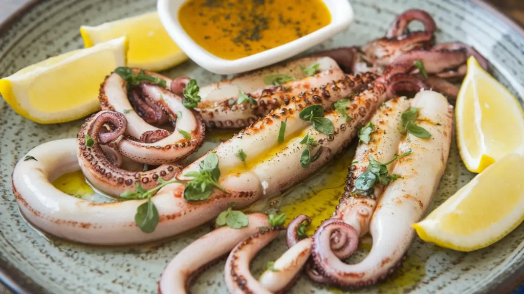  A plate of grilled baby squid garnished with lemon wedges and herbs.