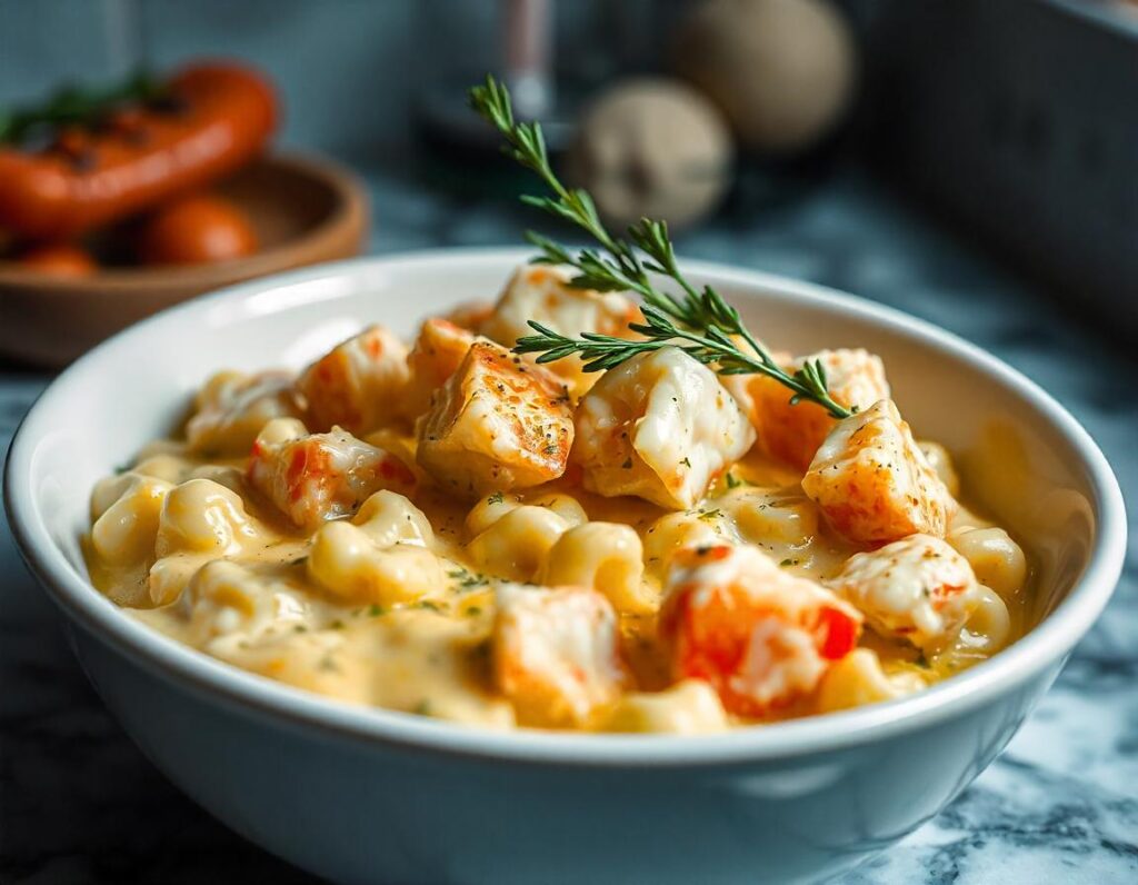 Gourmet mac and cheese topped with lobster chunks and fresh herbs.