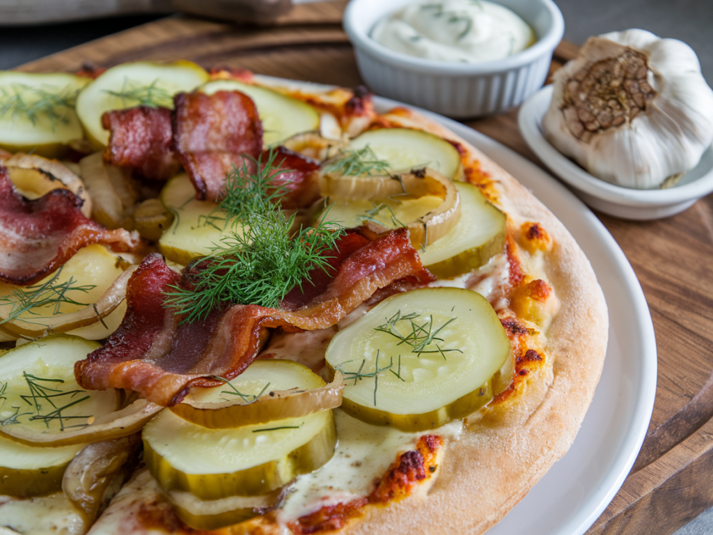 Pickle pie pizza topped with bacon, caramelized onions, and fresh dill on a stylish serving plate.