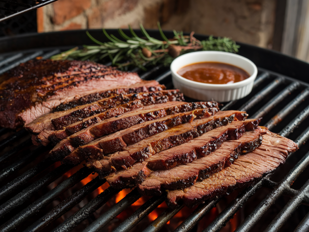 Grilled thin brisket slices cooked quickly to help cook brisket in 2 hours.