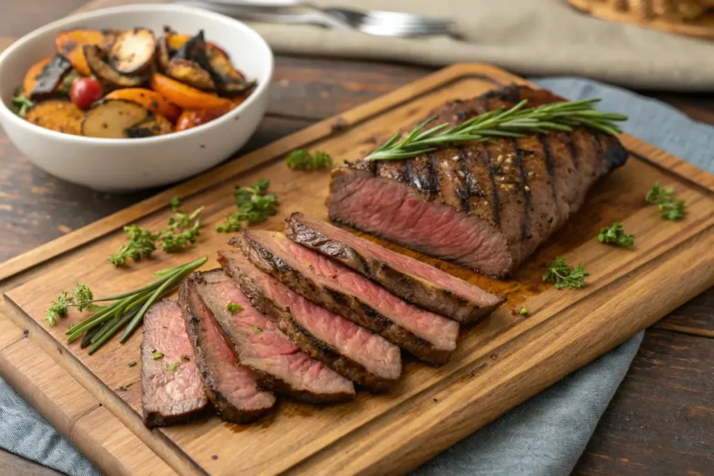 Sliced grilled flank steak on a cutting board with herbs and vegetables.