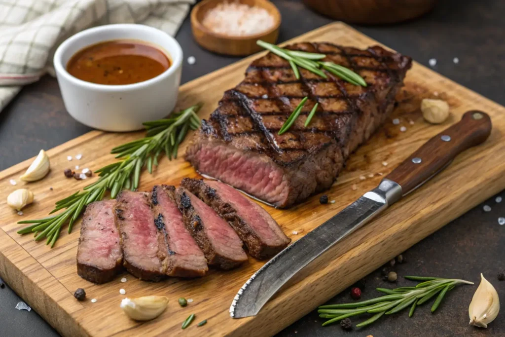 Juicy grilled ranch steak on a cutting board with rosemary and garlic.