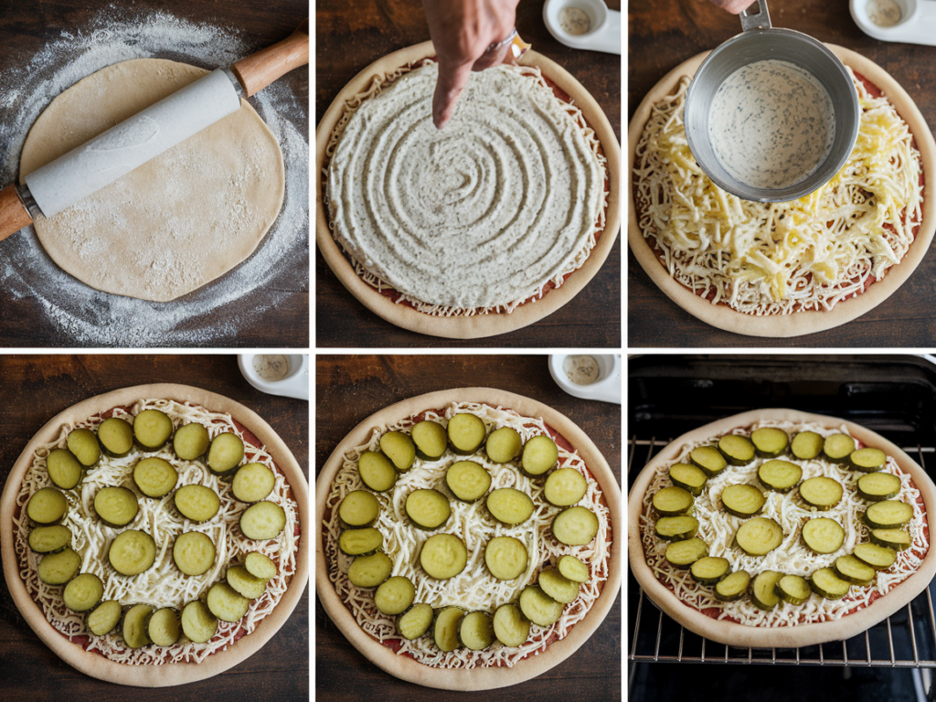 Step-by-step collage of making pickle pie pizza, from sauce spreading to baking.