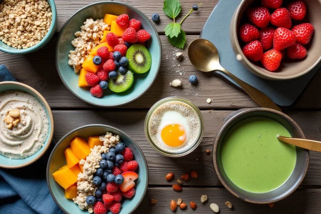 Variety of Daniel Fast breakfast recipes on a wooden table