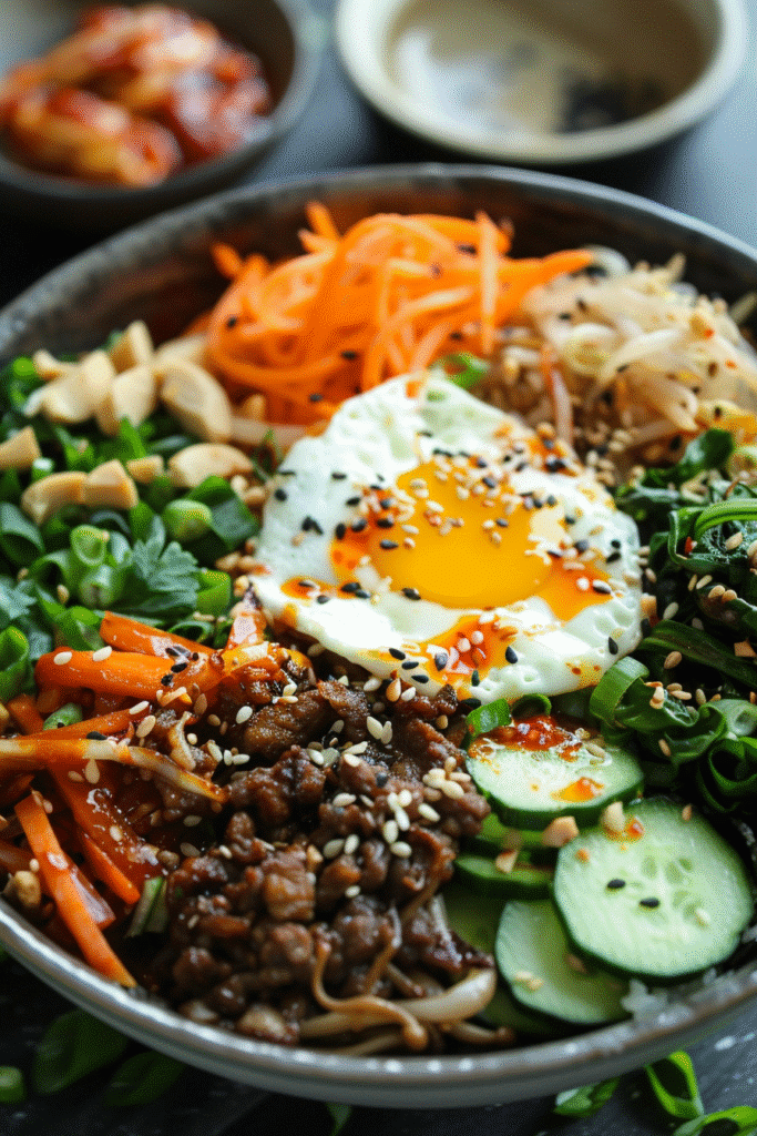 Close-up of easy homemade bibimbap bowl with colorful vegetables in a rustic kitchen setting