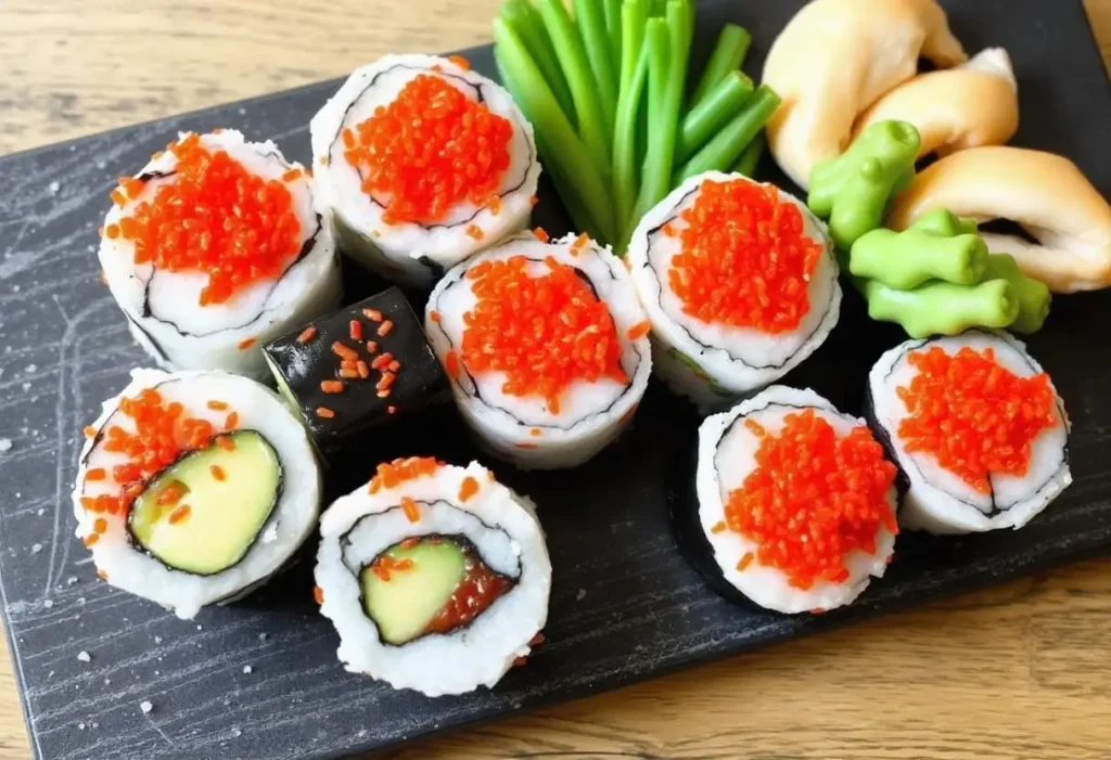 Homemade tobiko sushi platter with gunkan maki, nigiri, and rolls on a white table.