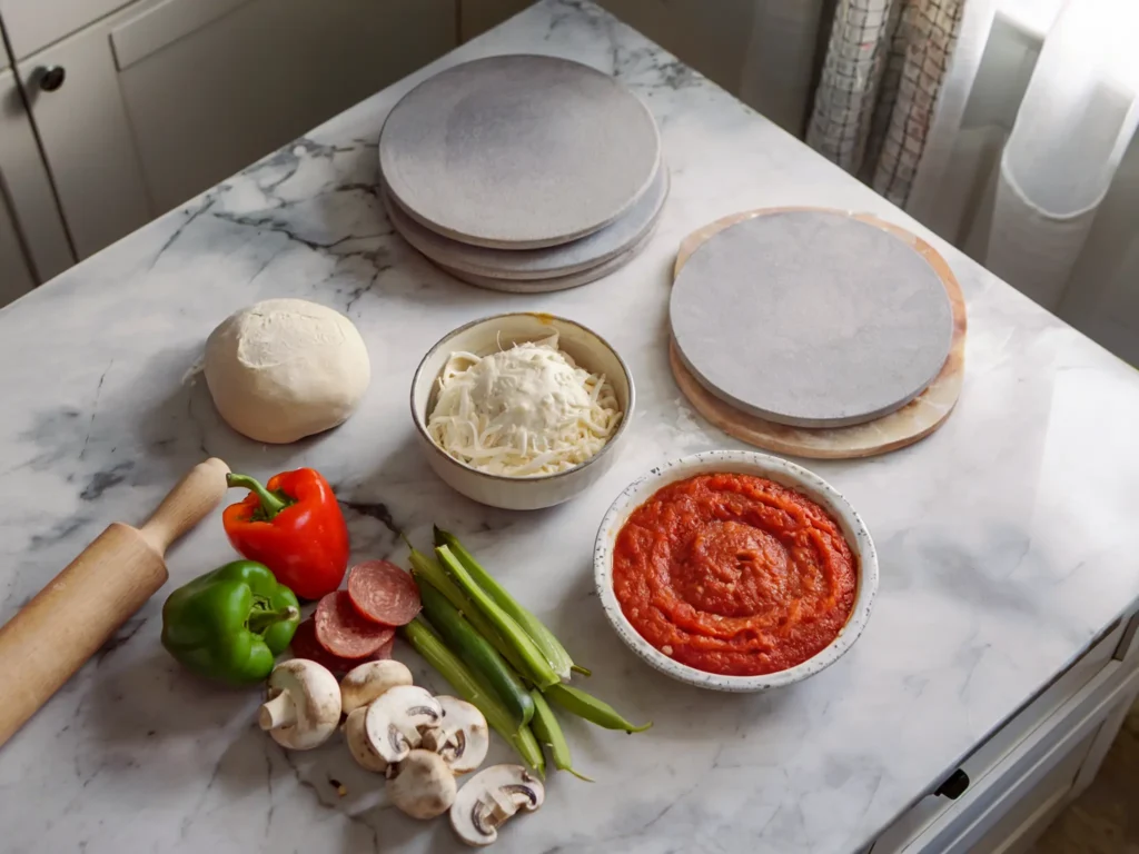 Ingredients for making a 10-inch pizza, including dough, sauce, cheese, and toppings, on a countertop.