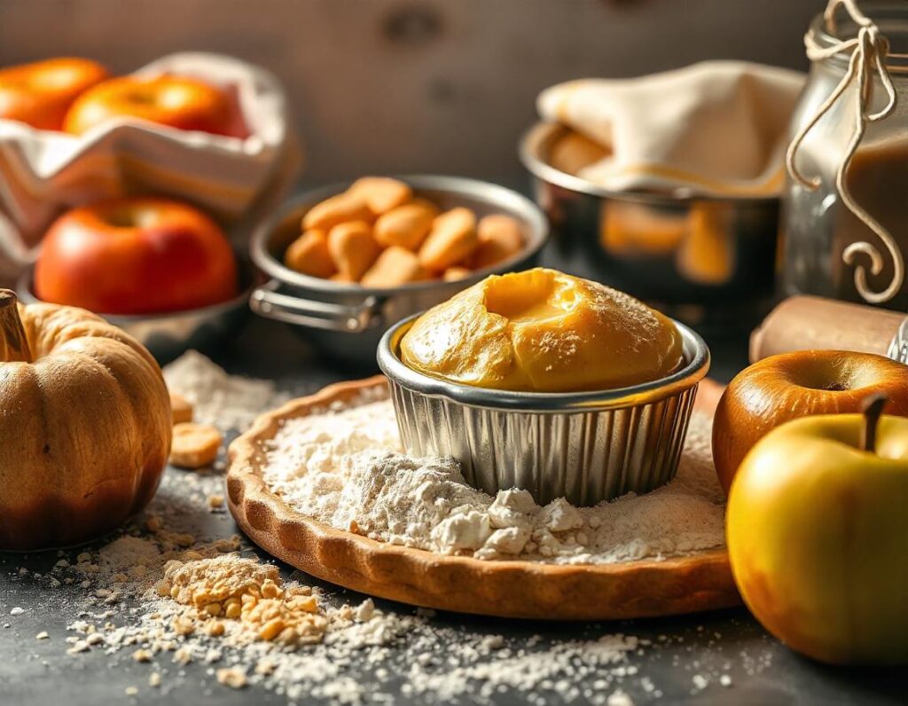 Ingredients for puff pastry apple pie arranged neatly on a counter.