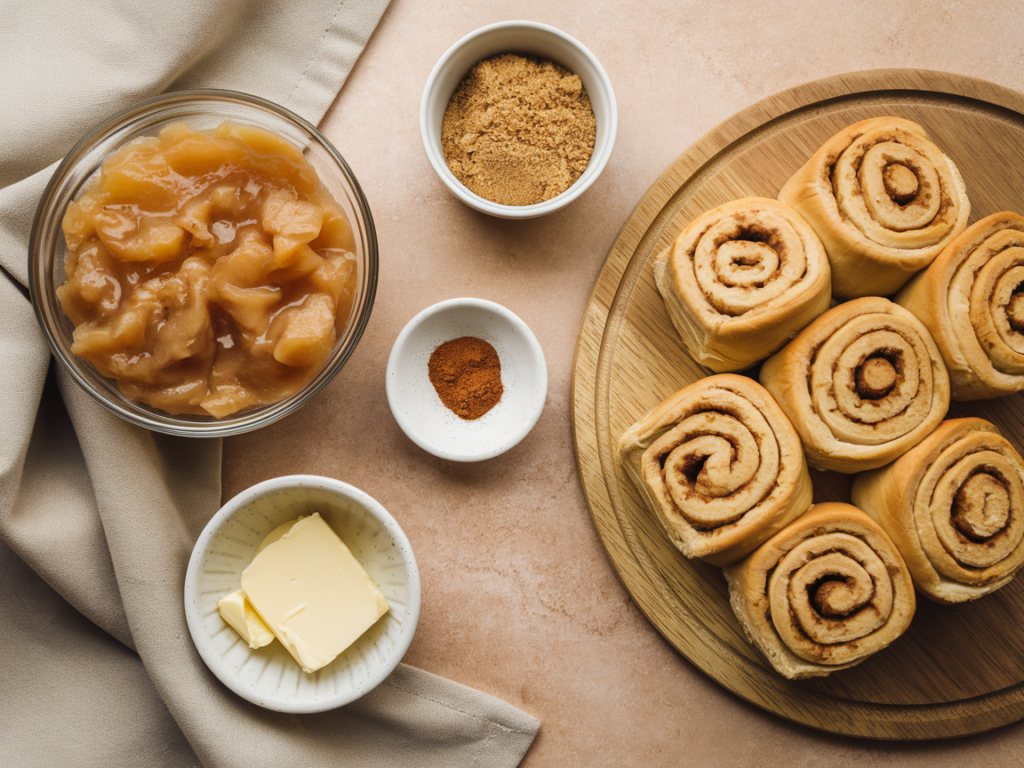  Flat lay of ingredients for cinnamon roll apple pie, including cinnamon rolls and apple pie filling.