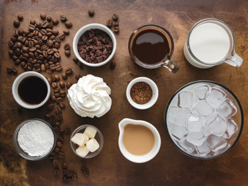 Coffee beans, chocolate sauce, milk, crushed cookies, whipped cream, and ice arranged on a rustic surface.
