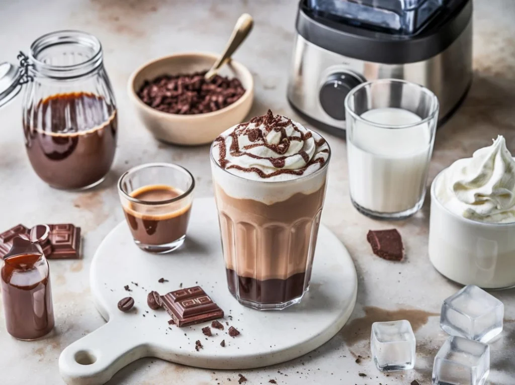 Fresh ingredients for making mocha cookie crumble frappuccino at home