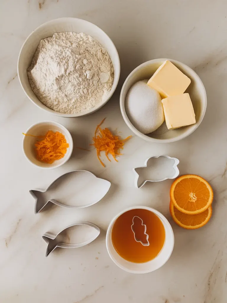  Ingredients for making orange fish cookies displayed on a marble surface.