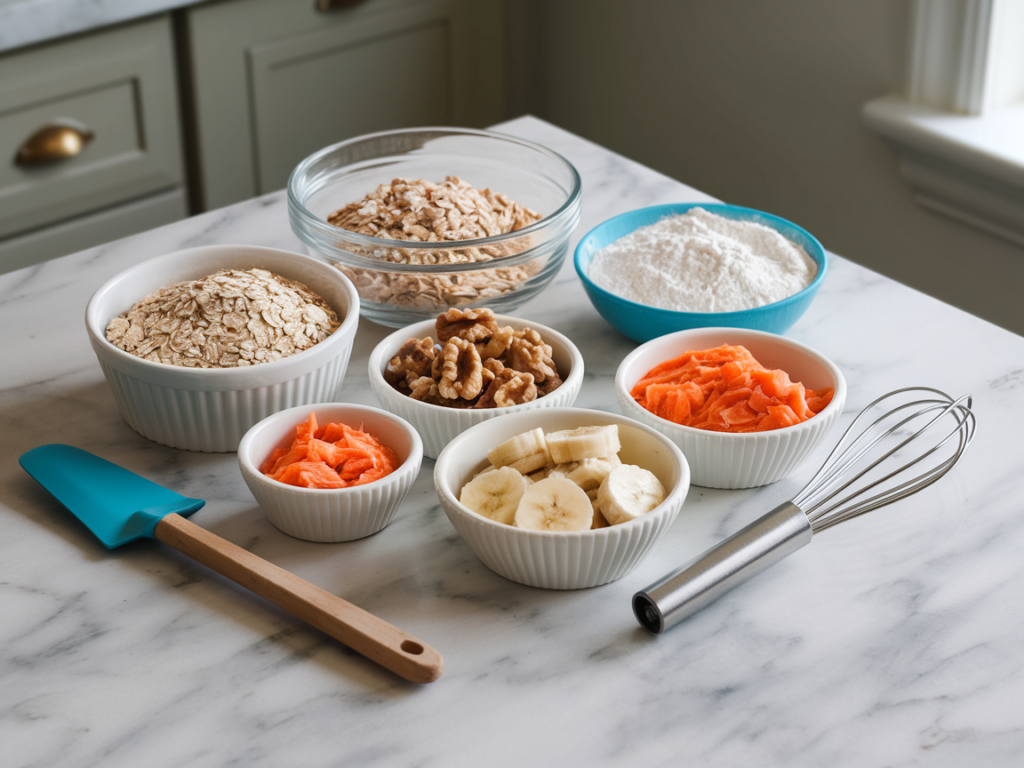 Ingredients for superhero muffins like oats, almond flour, walnuts, bananas, and carrots arranged in small bowls on a marble surface.