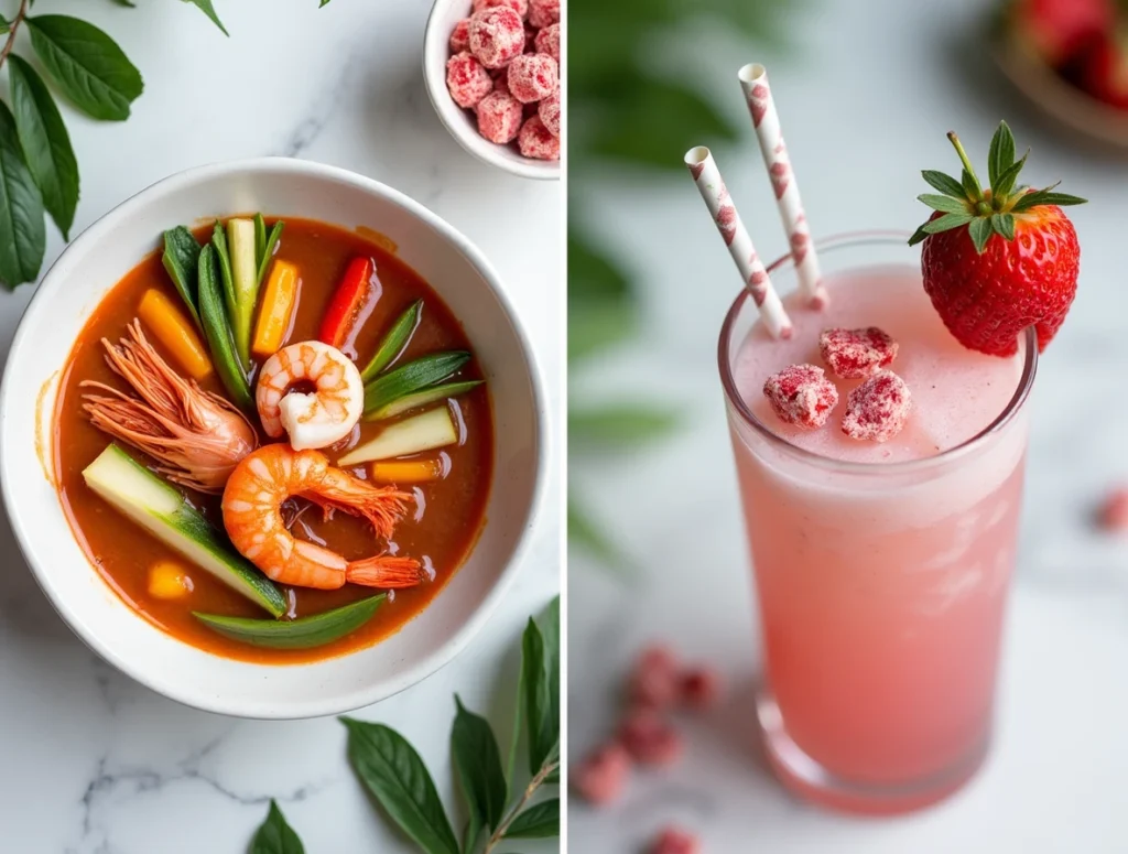 Flat lay of ingredients for the original pink drink, including strawberry acai base, coconut milk, and freeze-dried strawberries.