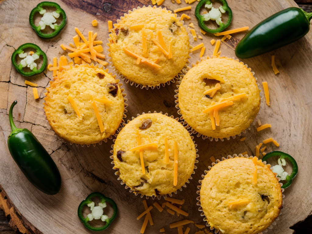 Cheesy cornbread muffins with jalapeño slices served on a wooden board.