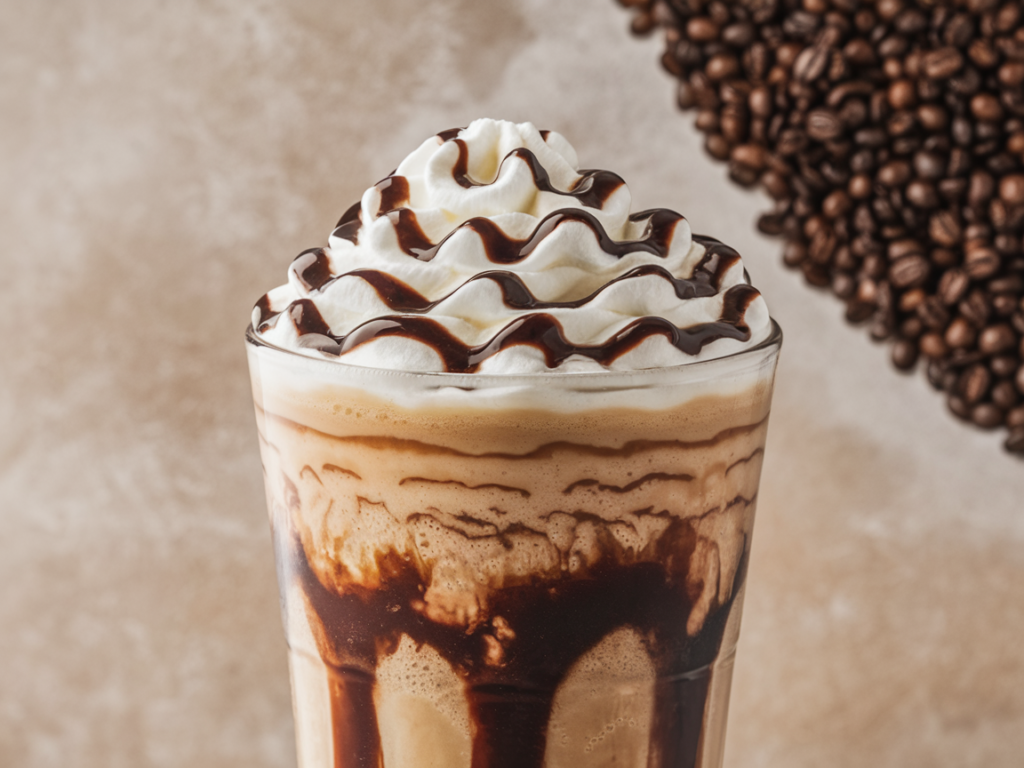 A tall Java Chip Frappuccino with whipped cream, mocha drizzle, and coffee bean garnish.