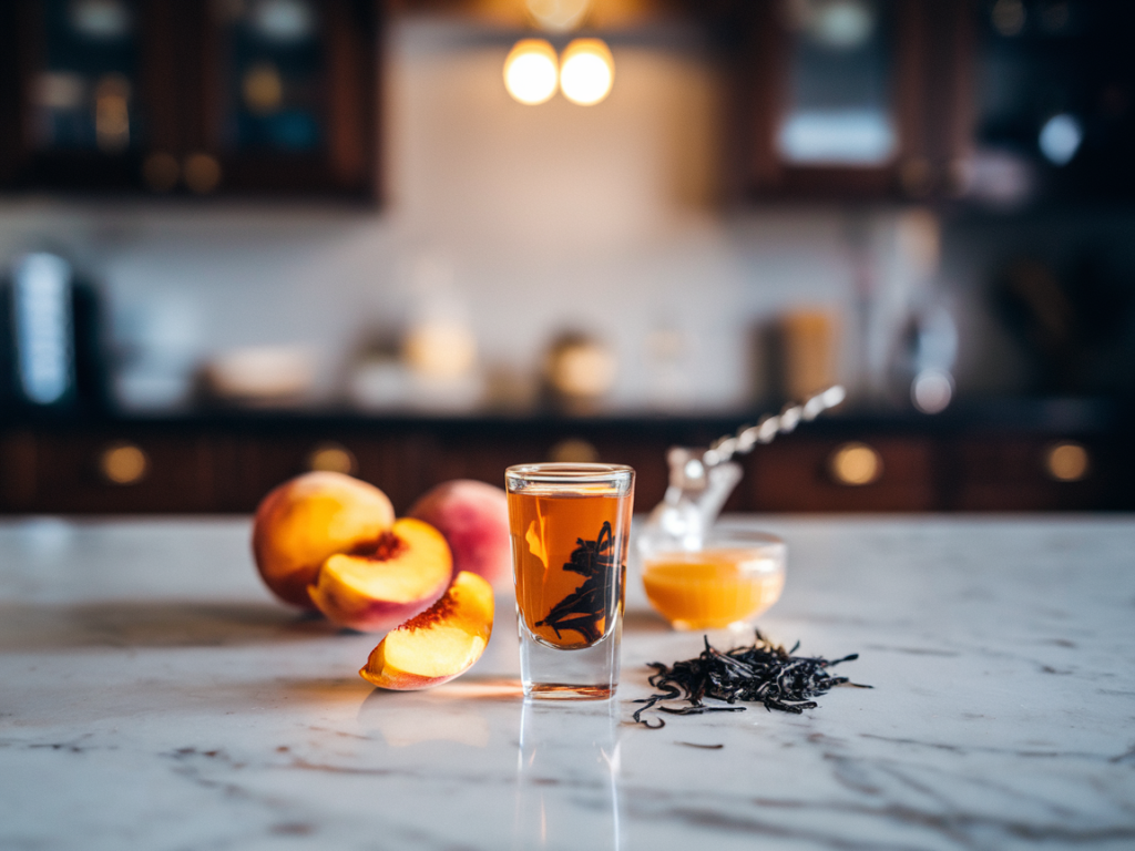 Whiskey, peach schnapps, sour mix, and black tea leaves on a marble countertop with a black tea shot in the center.