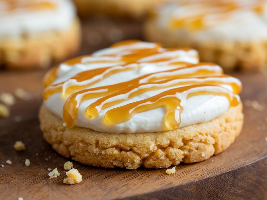 Close-up of a cookie with a textured cornmeal base, creamy frosting, and honey topping.