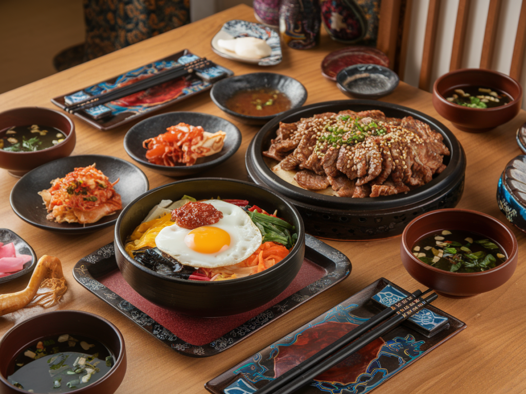 Traditional Korean dining table featuring Bibimbap with vegetables and egg, and Bulgogi with caramelized beef, surrounded by kimchi, radish, and soup.