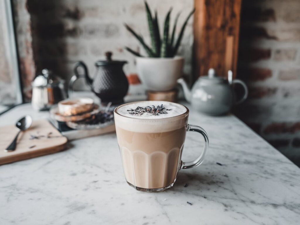  Creamy lavender Earl Grey tea latte topped with frothy milk and lavender.