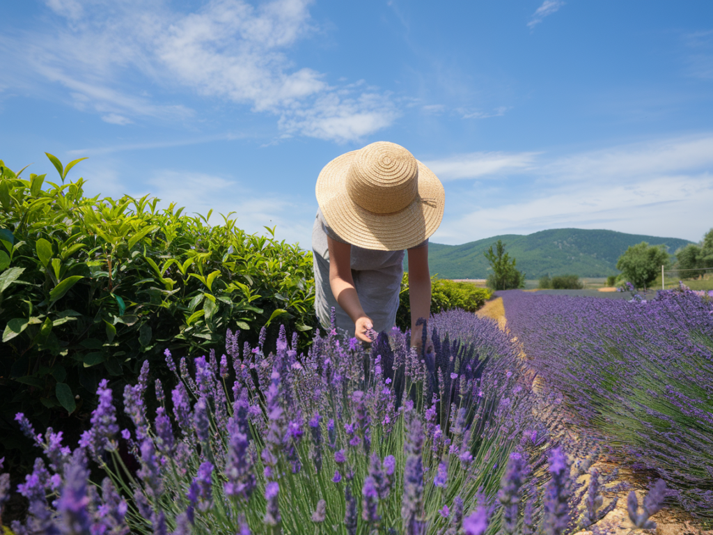 A lavender field and tea plantation under a clear blue sky.