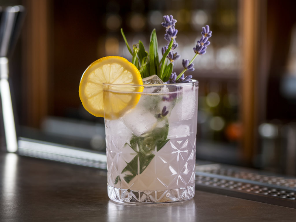 Lavender and Earl Grey cocktail in a glass with lemon garnish and fresh lavender.