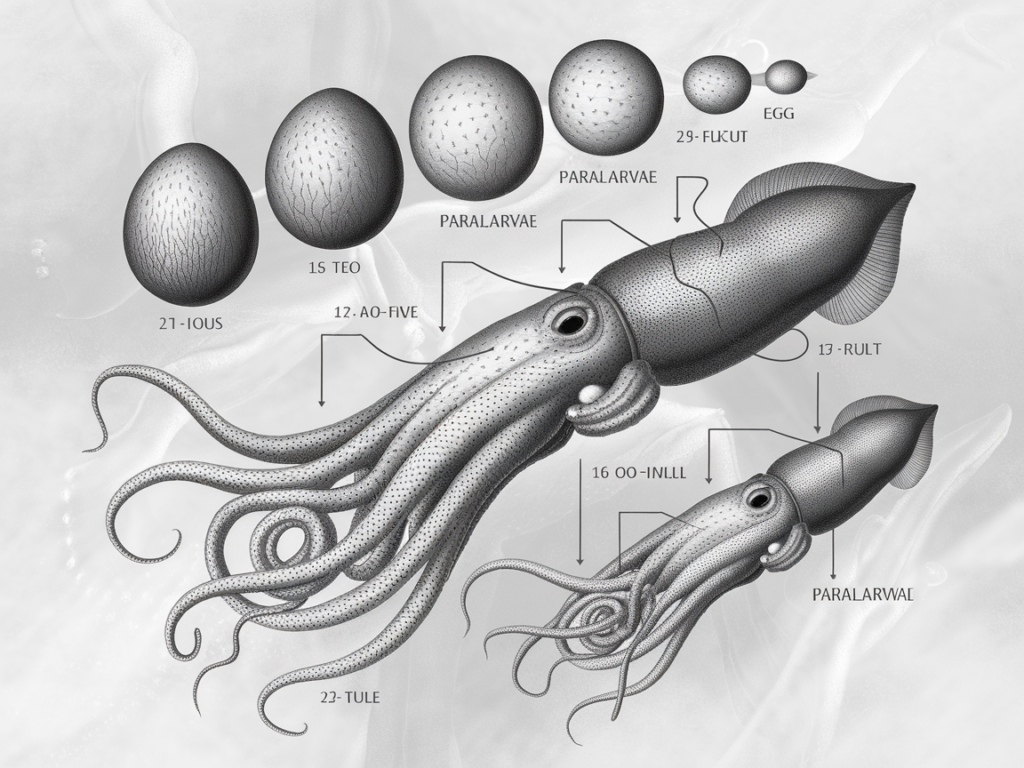 A scientific illustration of a squid's lifecycle from egg to adult.