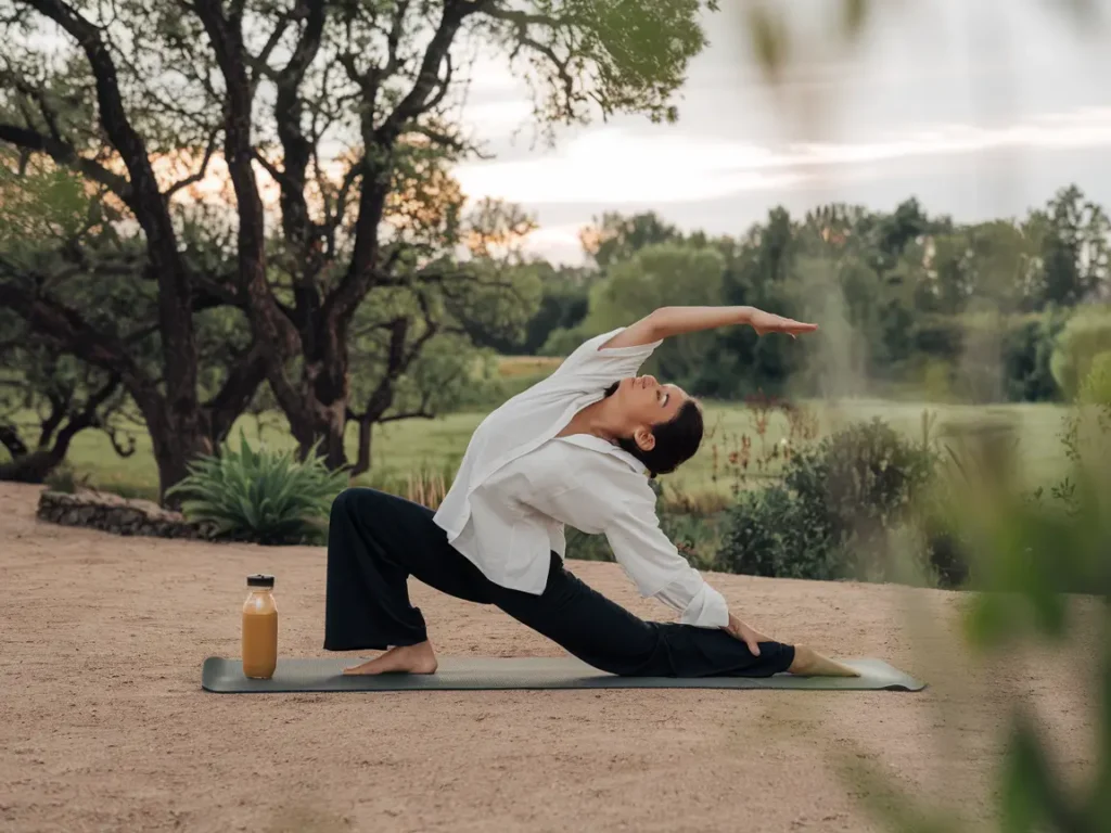 A person practicing yoga outdoors with a yoga mat and a bottle of juice, illustrating light activities during a cleanse.