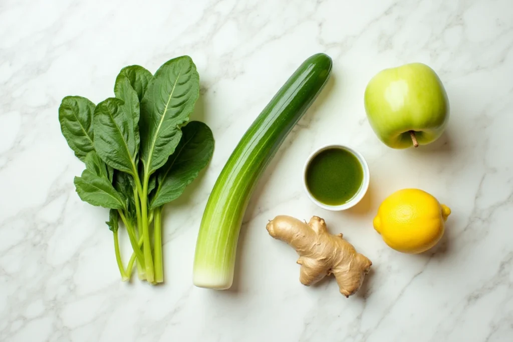 Fresh spinach, cucumber, celery, green apples, lemon, and ginger displayed on a white countertop.