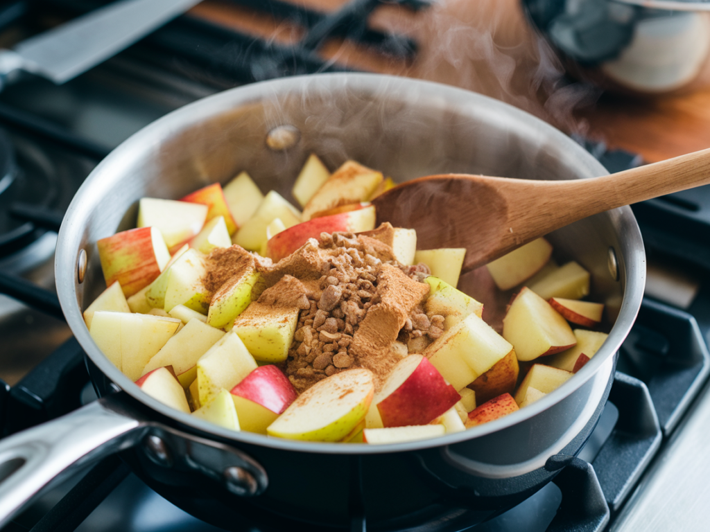 Fresh apple pie filling cooking in a saucepan.