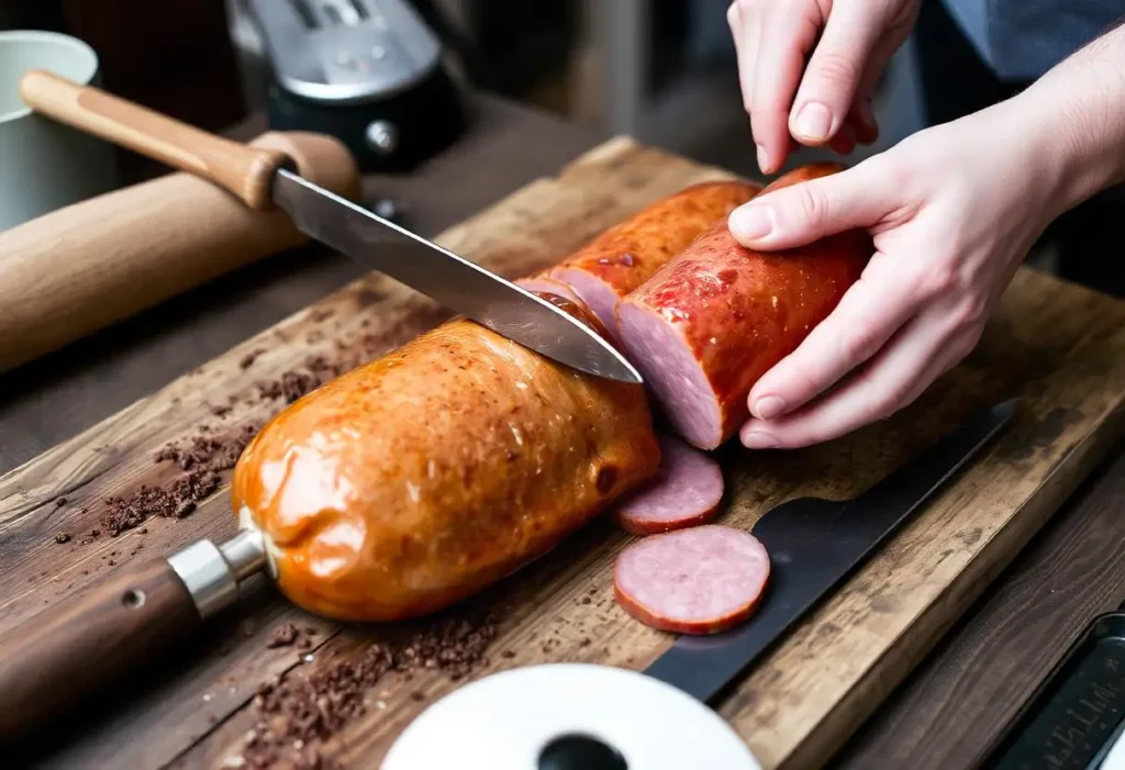 Hands using a traditional sausage stuffer to fill natural casings with a homemade kielbasa mixture.