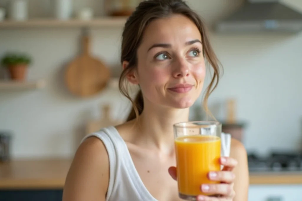 Person holding a glass of juice in a light kitchen setting, representing thoughtful decision-making.