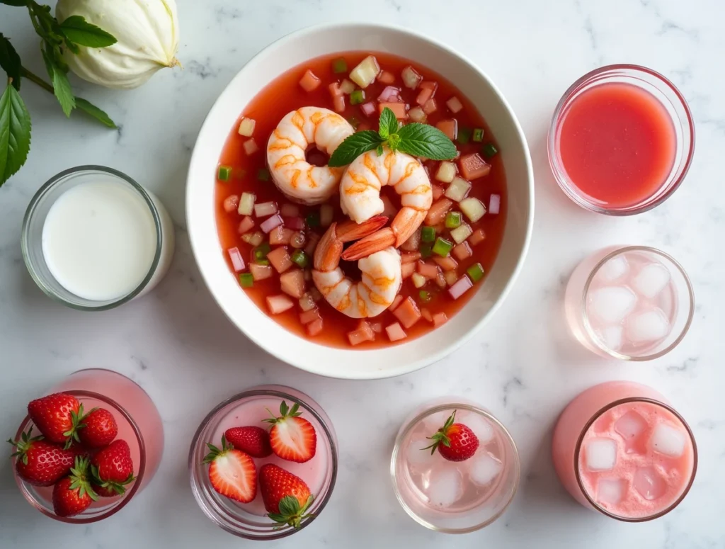 Mixing pink drink ingredients, showing layers of strawberry base and coconut milk swirling together in a glass.