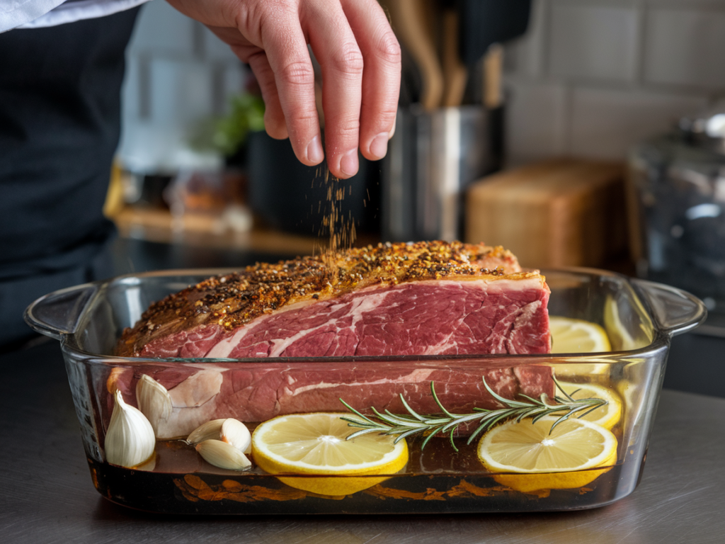 Brisket marinated in soy sauce, lemon, garlic, and rosemary for enhanced tenderness.