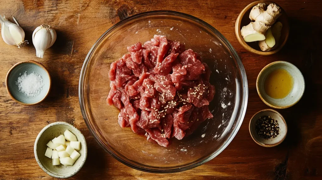 Thinly sliced beef being marinated with soy sauce, garlic, ginger, and pear Bulgogi for Bibimbap recipe