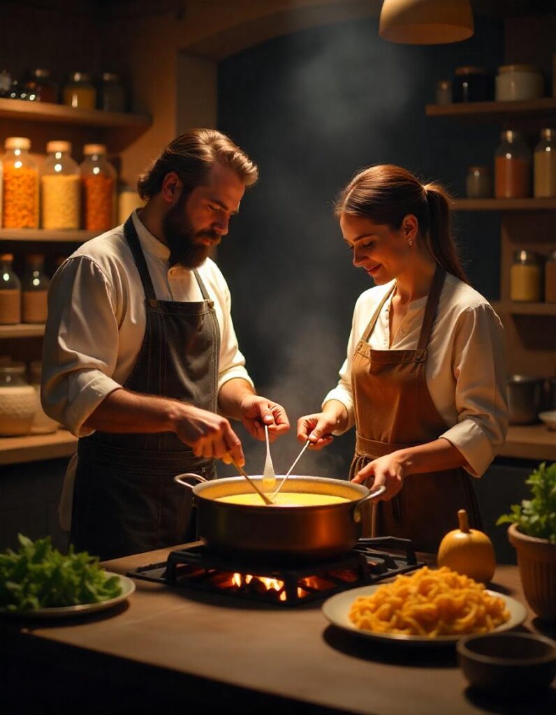 A medieval kitchen with chefs preparing pasta and cheese dishes using rustic tools.