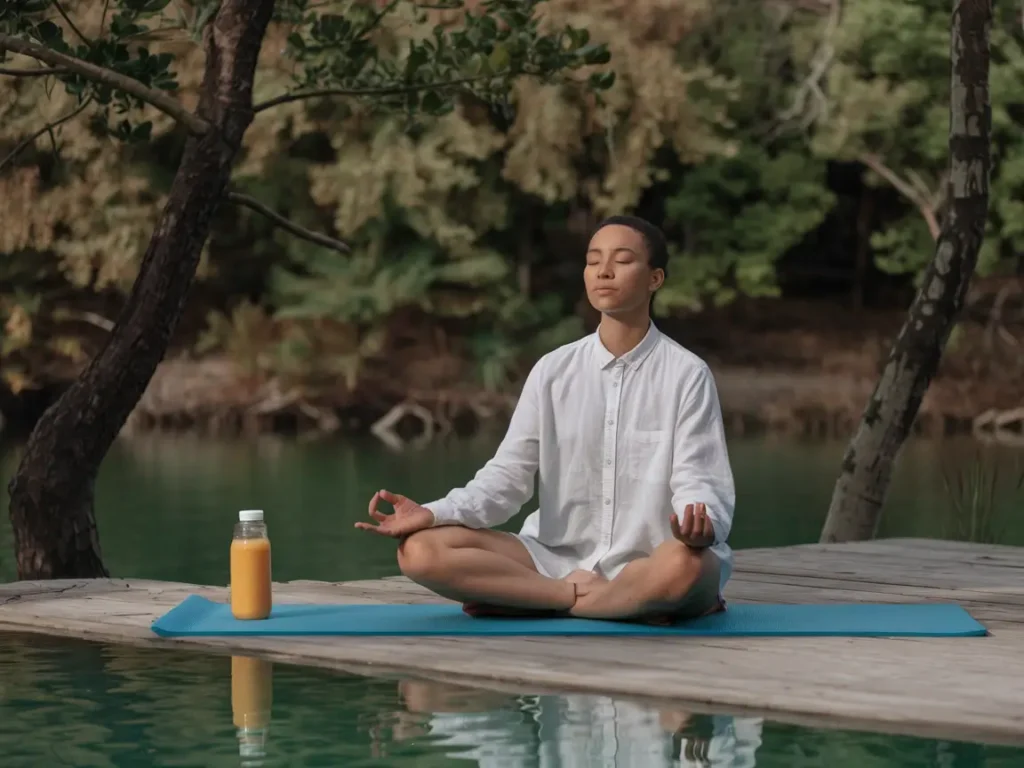 A person meditating outdoors with a bottle of juice, demonstrating mindfulness to overcome psychological challenges.