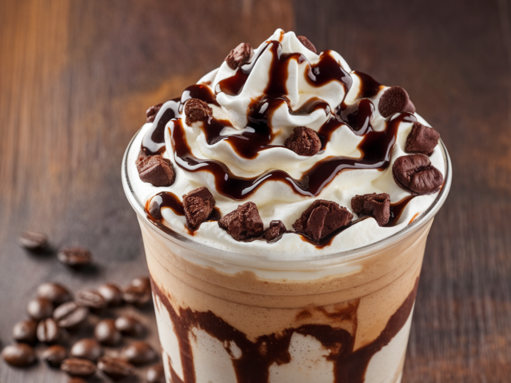 A layered Mocha Cookie Crumble Frappuccino with whipped cream and cookie crumbles.