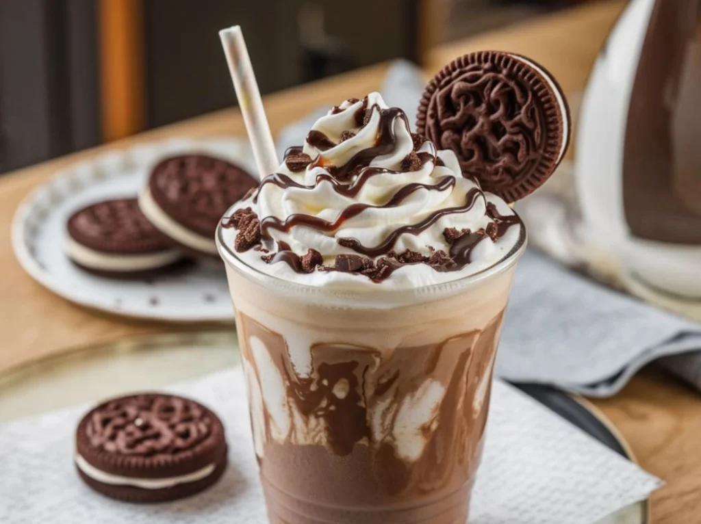 A glass of mocha cookie crumble frappuccino with whipped cream, chocolate drizzle, and cookie crumbs