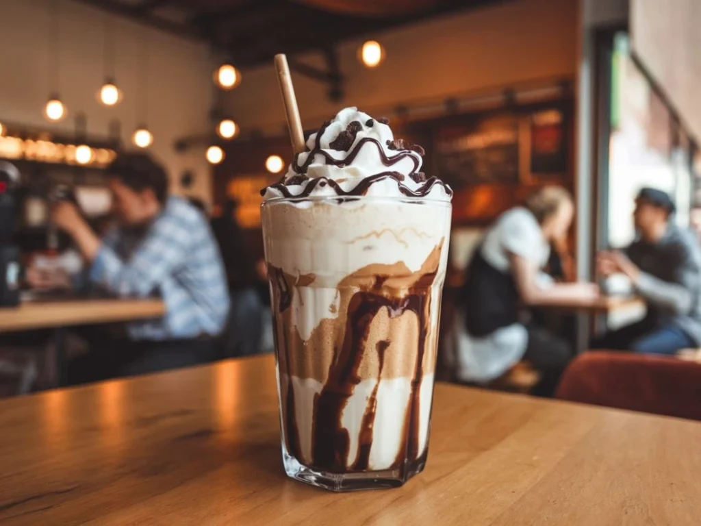 A mocha cookie crumble frappuccino with whipped cream, chocolate drizzle, and cookie crumbles on a wooden table.