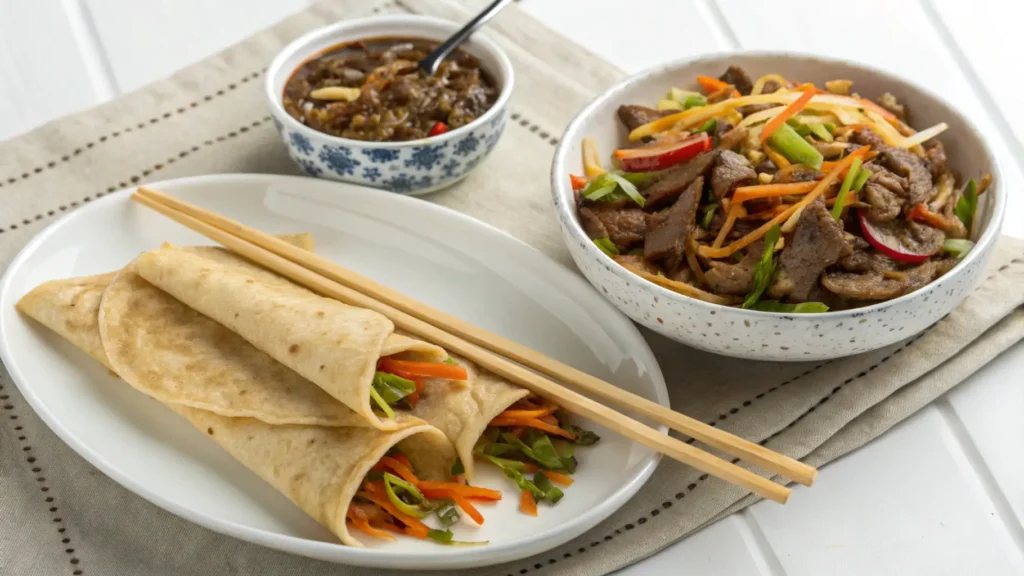 Moo Shu Beef filling served alongside thin Mandarin pancakes ready to be assembled.