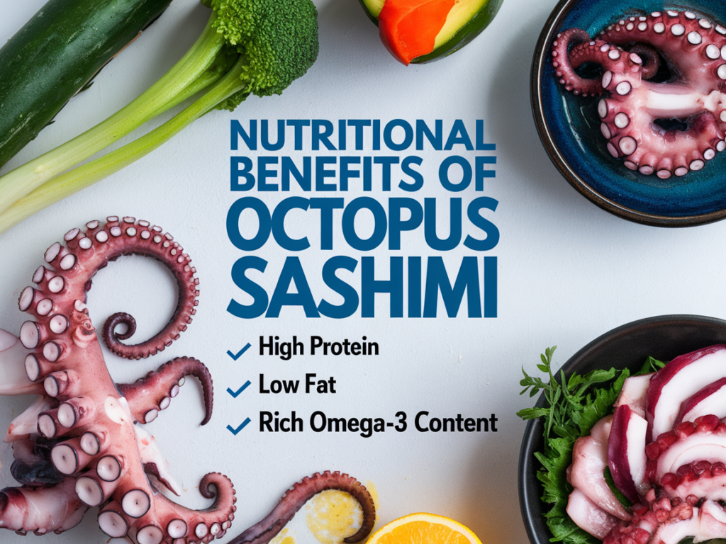 Graphic highlighting the health benefits of octopus sashimi, including high protein and omega-3s.