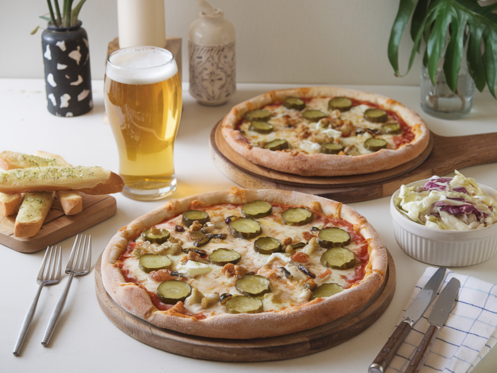 A full meal featuring pickle pie pizza, beer, coleslaw, and garlic breadsticks on a cozy table.