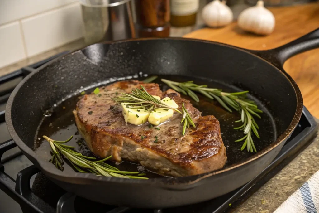  Steak sizzling in a cast-iron skillet with butter and garlic.