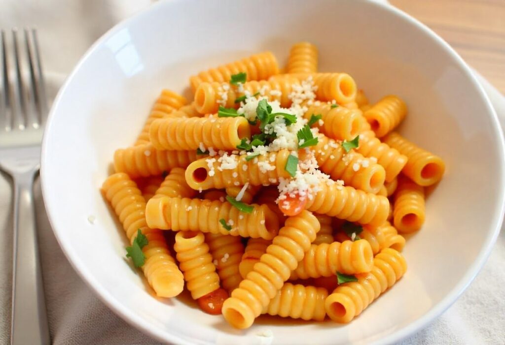 Steaming bowl of pasta e fagioli with ditalini pasta in a ceramic dish.