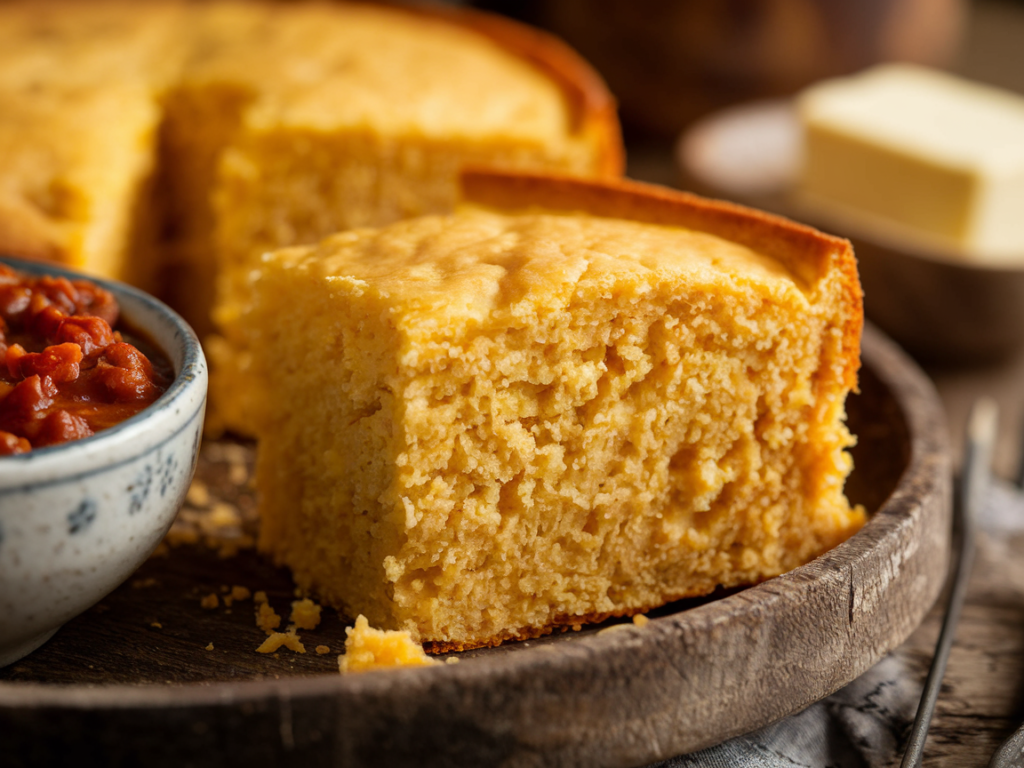 A warm slice of golden cornbread with a crispy crust served alongside a bowl of chili.