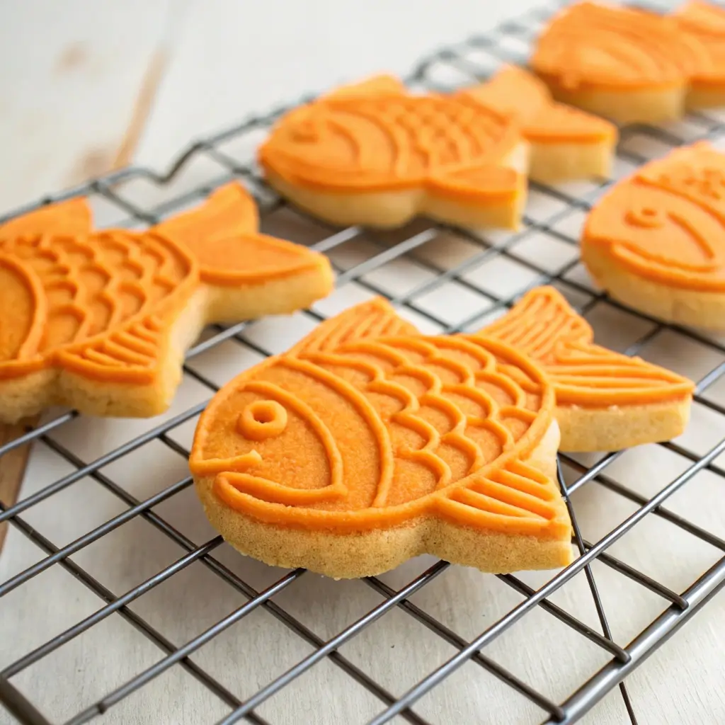 Close-up of orange fish-shaped cookies cooling on a wire rack with golden edges.