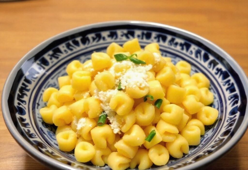 Cooked ditalini pasta steaming in a colander next to a pot of boiling water.